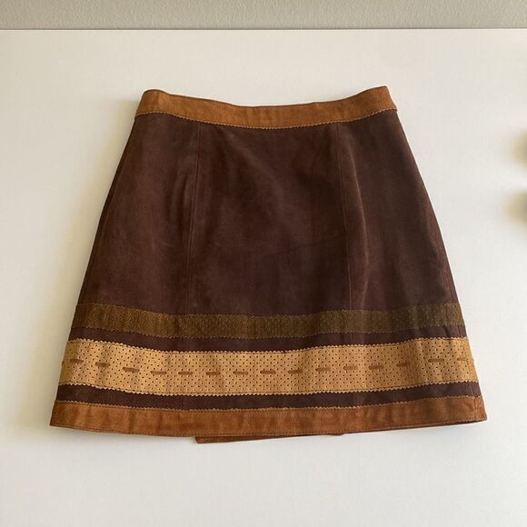 Vintage Brown & Tan Multi-panel Genuine Suede Leather Mini Wrap Skirt Size Small - Picture 7 of 14